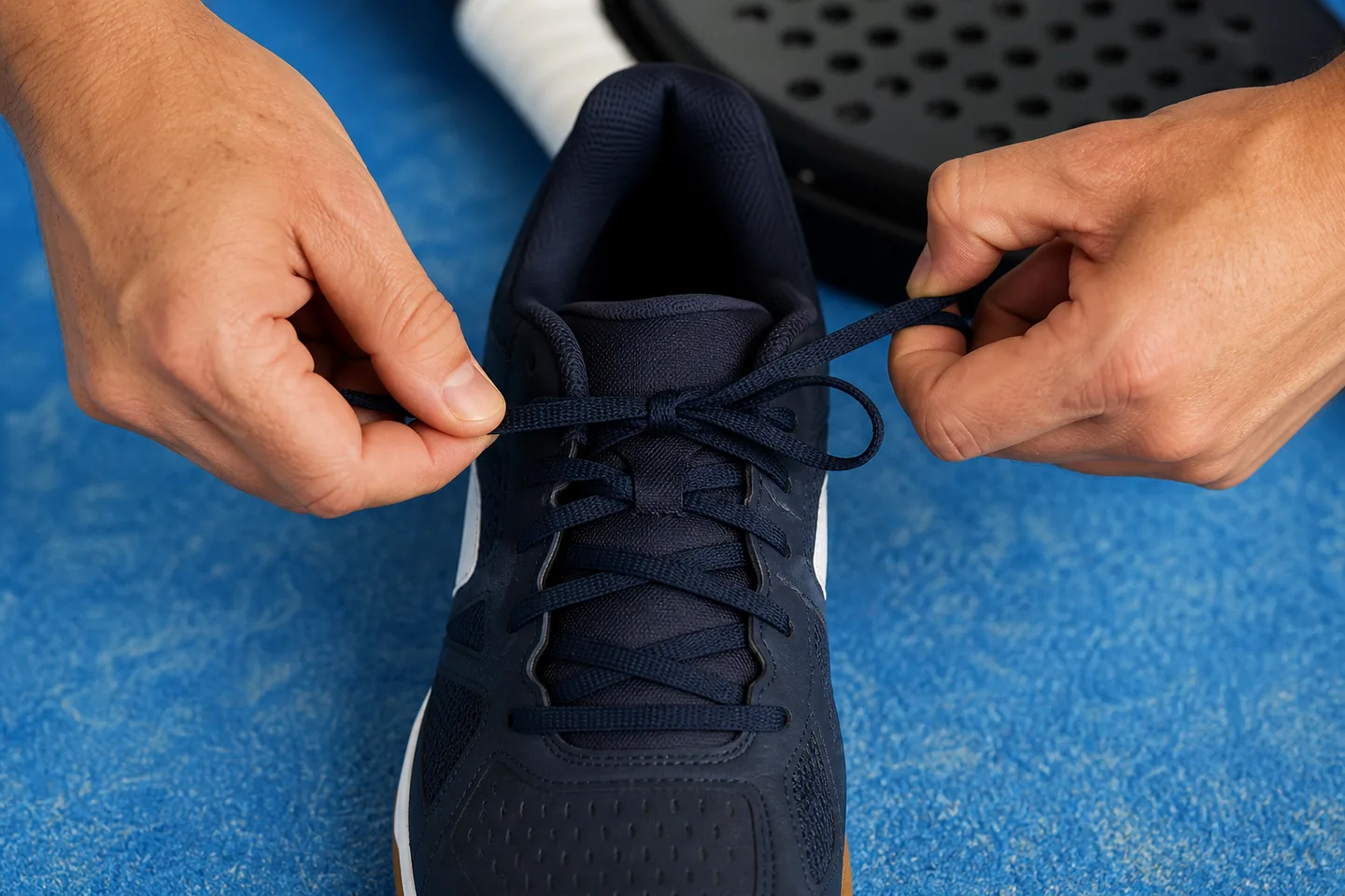 Lazada de bloqueo de talón en una zapatilla de pádel sin apretar en exceso