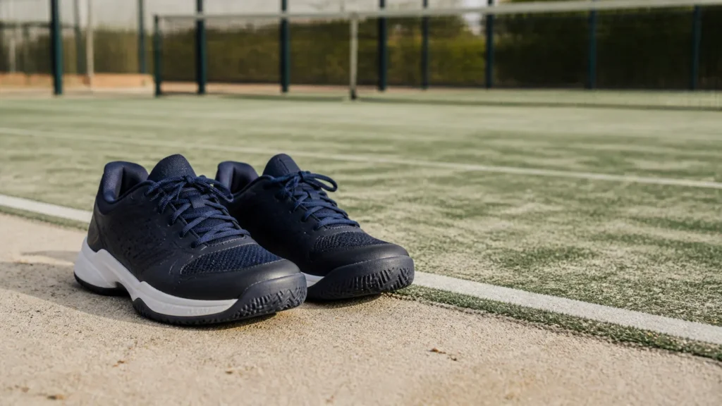Zapatillas de pádel junto a una pista de césped artificial